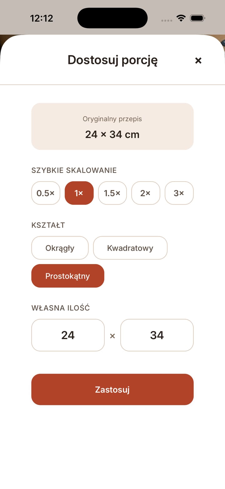 Przeliczanie w Crumely całego deseru ze średnicy 26 na 20 centymetrów
