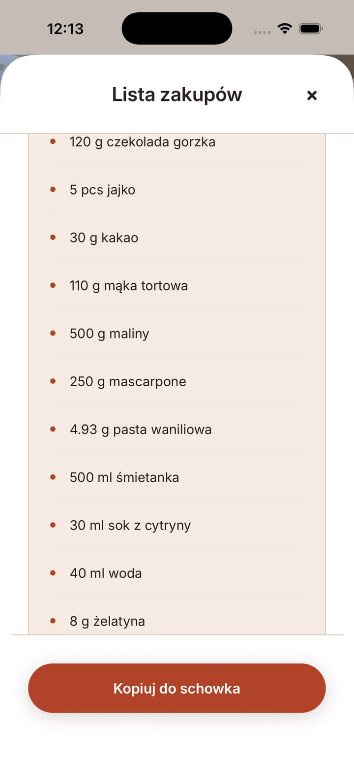 Wspólna lista zakupów dla wszystkich części złożonego deseru